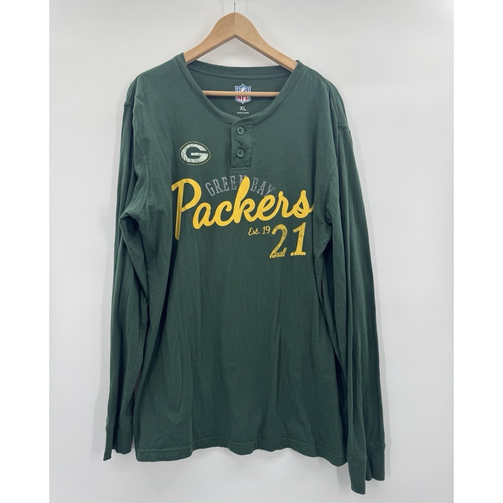 NFL Greenbay Packers Men XLarge Tee Shirt Henley Football Cheeseheads Green Gold